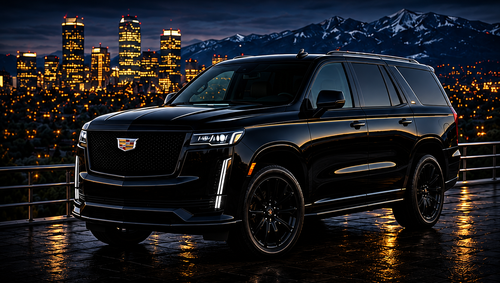 Black Cadillac Escalade with Denver skyline and Colorado mountains